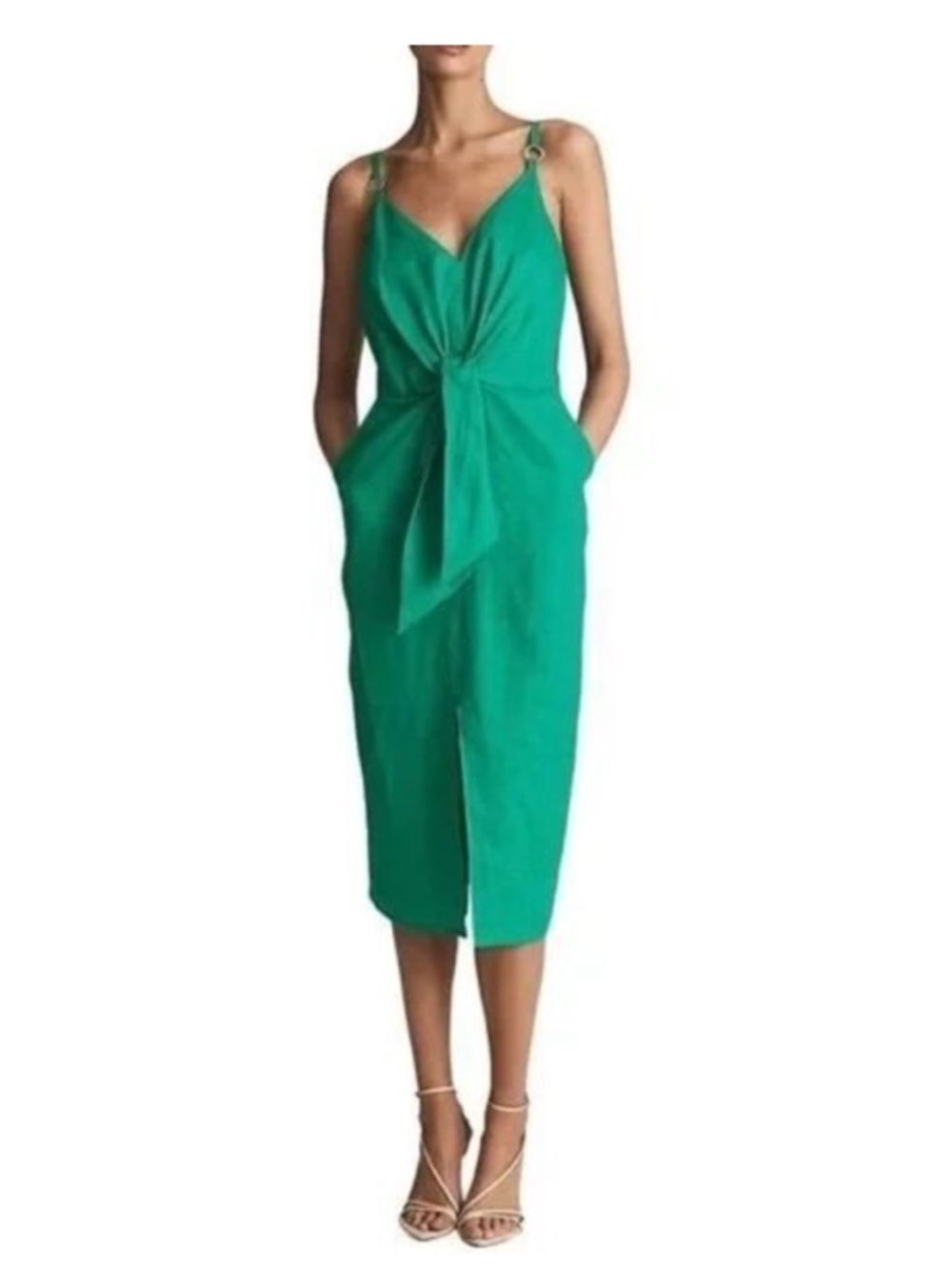 Worn once REISS kay sleeveless midi dress with pockets green linen waist bow 4